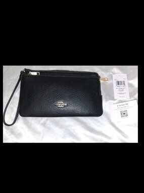 Coach Double Zip Wallet Wristlet Black Pebble Leather Gold Tone CU919 NWT